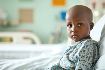 Sick african child sitting on hospital bed recovering