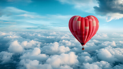 Fototapeta premium Heart-shaped hot air balloon adventure above the clouds scenic sky aerial view romantic experience