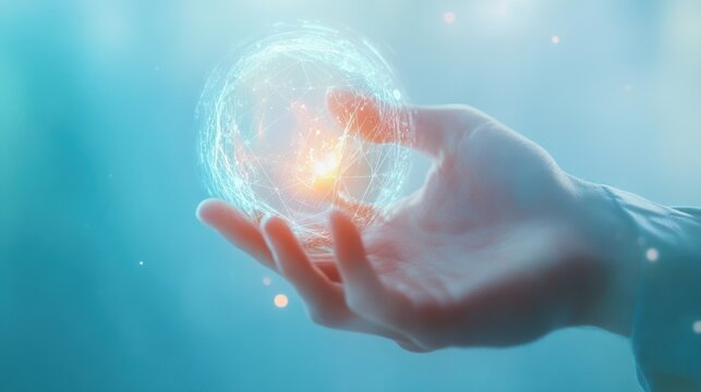Close up of business man hand pointing at abstract glowing polygonal sphere and digital business interface on blurry blue background. Future, innovation and technology concept. Double exposure