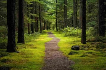 Naklejka premium Forest Path Winding Through Lush Green Mossy Landscape