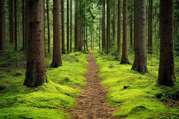 Obraz premium Forest Path Through Lush Green Mossy Woods