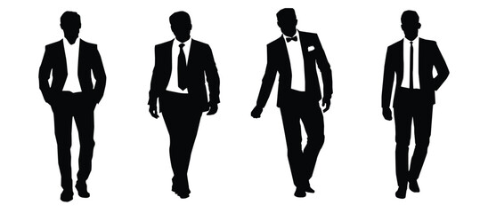 Silhouettes of a group of business men or a male model wearing suits in different styles, vector illustration on a white background.