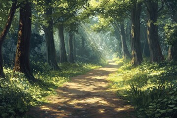 Naklejka premium Sunlit Path Through A Lush Green Forest
