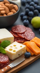 Warm light illuminates delicious cheese and salami platter. AI Generated