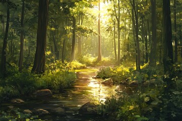 Obraz premium Sunlit Forest Stream A Serene Woodland Scene