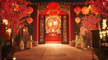 Festive Red Lanterns Adorn Chinese Temple Entrance