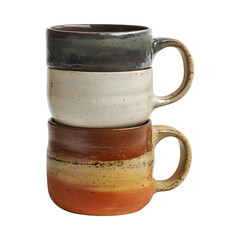 Stacked Handmade Pottery Mugs in Earthy Tones Isolated on Transparent Background