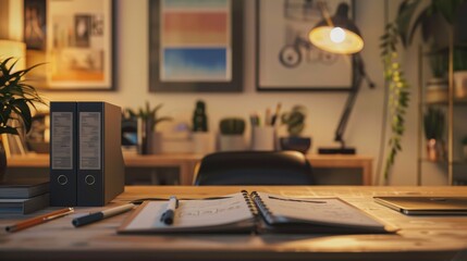 Organized desk setup with binder, notepad, pens, and creative artwork for a cozy workspace