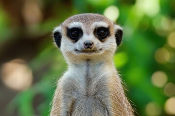 Obraz premium A meerkat with a contemplative expression, set against a lush green backdrop that reflects serenity.