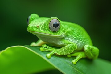 Obraz premium A stunning close-up of a green frog perched on a leaf, highlighting its vivid color and features.
