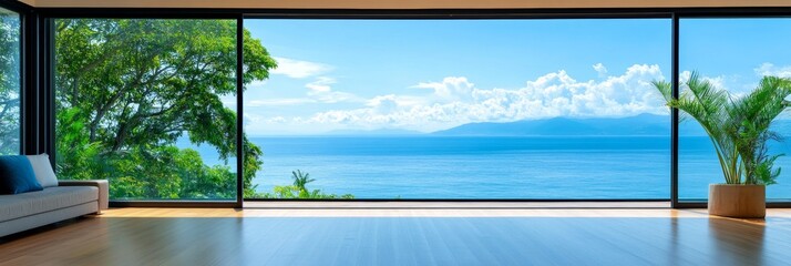 Fototapeta premium Minimalist Modern Ocean View Living Room - Serene coastal living, minimalist design, expansive ocean view, natural light, tranquil atmosphere.