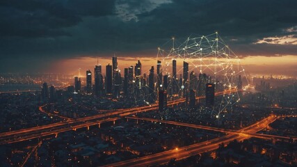 Obraz premium A modern city with a wireless network connection concept and cityscape. Technology concept.