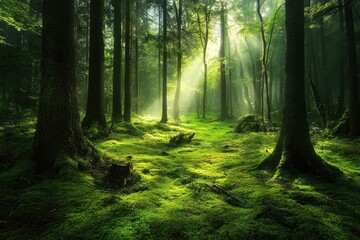 Naklejka premium Sunlit Forest Path Mossy Ground Trees