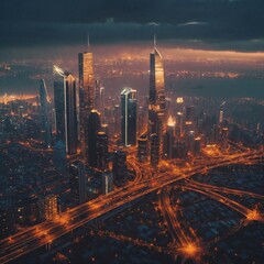 Naklejka premium A modern city with a wireless network connection concept and cityscape. Technology concept.