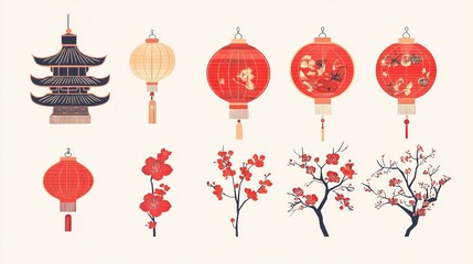 Chinese New Year holiday symbols vector icons set stock illustration