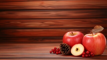 Autumn Harvest Apples and Berries - Red apples, berries, pine cone on wood.  Symbolizes autumn, harvest, nature, abundance, warmth.