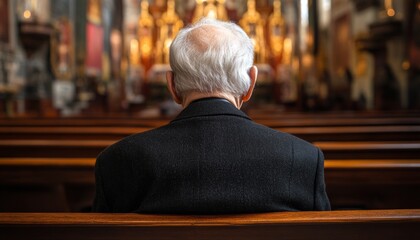 Obraz premium Senior Man in Church Pew, Contemplation, Solitude, Spiritual Journey, Faith, Reflection