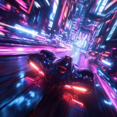 Futuristic Vehicle Speeding Through Neon Cityscape At Night