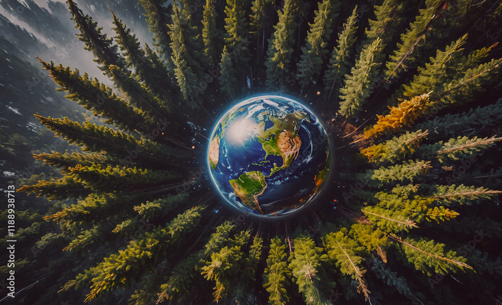 Poster Globe is surrounded by trees. The globe is blue and white. The trees are green. The globe is in the center of the image
