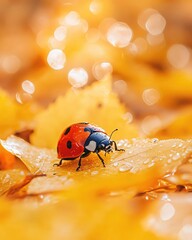 Ladybug on Autumn Leaves Dew Drops Golden Light Nature