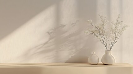 Minimalist Still Life Featuring White Vases and Dried Flowers