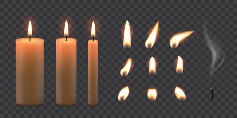 Candle flames. Candlelight fires vector illustration set. Realistic flame light on wick of candlestick, small romantic glow flare in night, collection isolated on transparent background.