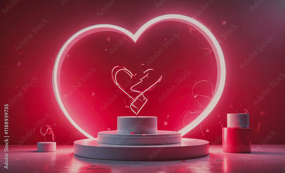 Aufkleber heart is lit up in red and is surrounded by a white pedestal. the heart is in the center of the pede