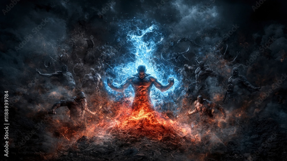 Poster fierce battle fighter confronts enemies in a fiery realm digital art dark fantasy dynamic viewpoint