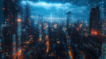 Fototapeta premium Futuristic cityscape at night with glowing digital data streams.