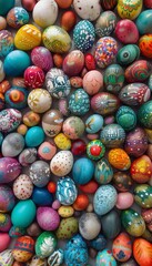 A vibrant overhead view of beautifully decorated pastel eggs ideal for festive easter celebrations