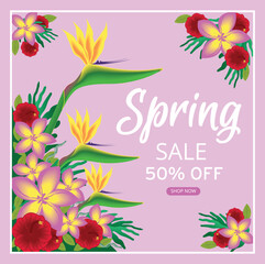 Print Vibrant Spring Sale Poster with Bird of Paradise Tropical Flowers and Discount Offer