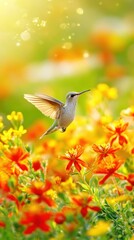 Fototapeta premium Hummingbird in Flight over Vibrant Orange and Yellow Flowers Sunny Garden Scene