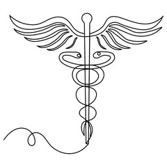 Caduceus  single line art, continuous one line drawing of  Isolated outline vector icon 