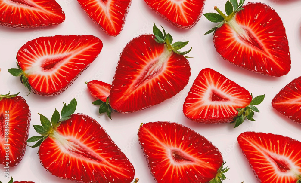 Poster Close up of a strawberry with the stem still attached. The strawberry is cut in half and the inside is visible