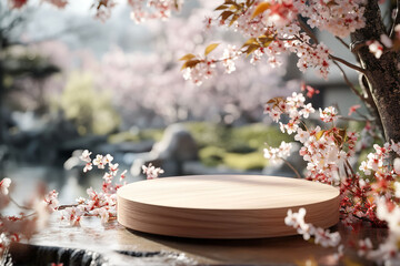 3d Winter wooden podium mockup model for cosmetics, products, perfume or jewelry, spring cherry blossom background, plum blossom background