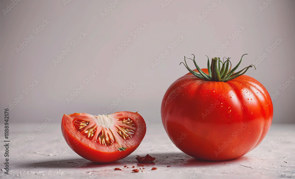 Poster tomato is cut in half and a small piece of it is on the table. the tomato is red and has a stem