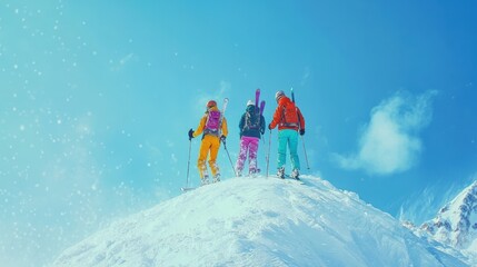 Group portrait of skier in snow field in winter season.