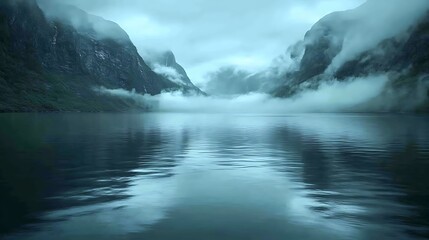 Fototapeta premium Misty Fjord Mountains Reflecting in Calm Water
