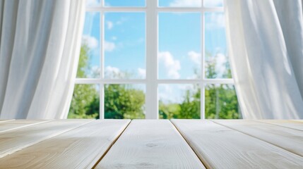 Fototapeta premium Bright Window View with Wooden Tabletop - Serene scene, sunlight, wooden surface, sheer curtains, spring view. Represents peace, renewal, and home comfort.