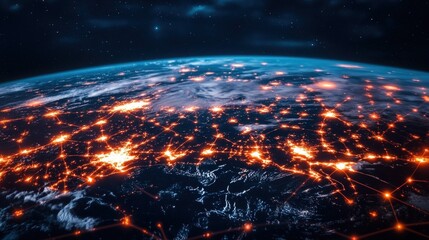 Fototapeta premium Global network connections illustrated on Earth at night.