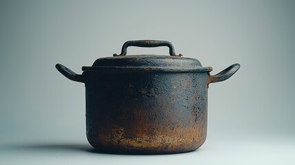 Rustic, aged cast iron pot with lid and handles, showing signs of wear and rust.