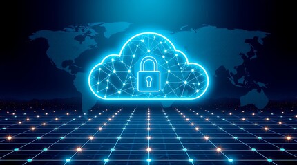 Cloud Computing Technology Concept – Database and Cloud Storage Security with Padlock Icon on Abstract Technology Background