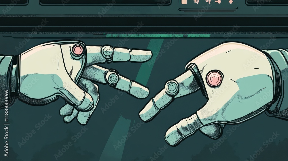Poster robot hands point to laptop button advisor chatbot robotic artificial intelligence concept. generati
