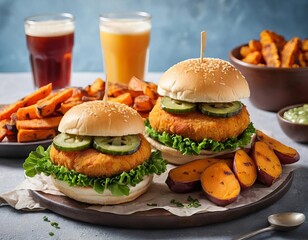 A close-up of a crispy chicken burger with lettuce and tomatoes, served with sweet potato fries and a drink