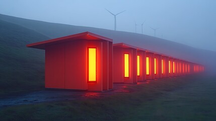 Fototapeta premium Illuminated Red Structures on a Misty Hillside with Wind Turbines