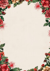 Vintage floral border with red roses and green leaves on light background