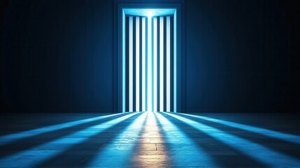 Illuminated door in a dark room casting beams of light on the floor. 