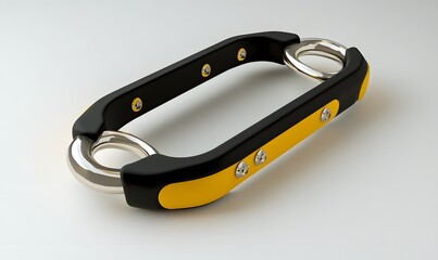 Black and yellow oval carabiner with two rings.