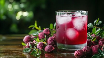 Refreshing roselle juice with ice natural setting beverage photography lush environment close-up view healthy concept