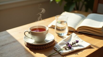 Fototapeta premium Aromatic Tea, Sunlight, and Open Book A Serene Moment of Quiet Reflection